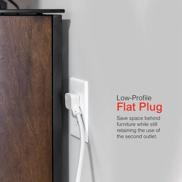 Alt view image 5 of 6 - UltraPro 6 Outlet Sur Protector, 2 Ft Designer Braided Extension Cord, Flat Plug, Wall Mount, White, 45264
