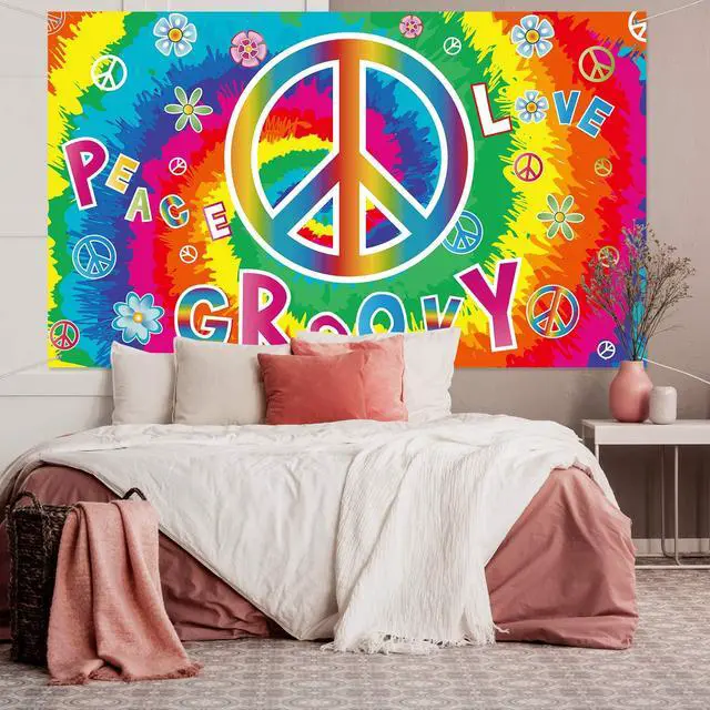 Alt view image 4 of 6 - 60's Party Decorations Groovy Love Peace Banners Hippie Porch Signs 1960s Hanging Wall Decor for Retro 60s Theme Party Photography Backdrop Decorations Supplies 72.8 x 43.3 Inch