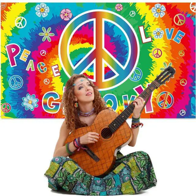 Alt view image 5 of 6 - 60's Party Decorations Groovy Love Peace Banners Hippie Porch Signs 1960s Hanging Wall Decor for Retro 60s Theme Party Photography Backdrop Decorations Supplies 72.8 x 43.3 Inch