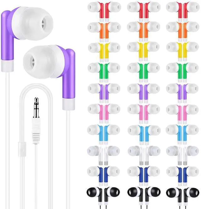Main image of Bulk Earbuds 200 Pack for School Classroom, Wholesale Wired in-Ear Headphones, Multi Colored Class Set Earphones for Kids Students Toddler Teens, 3.5mm Jack, Individually Bagged (HY01,200 Mixed)