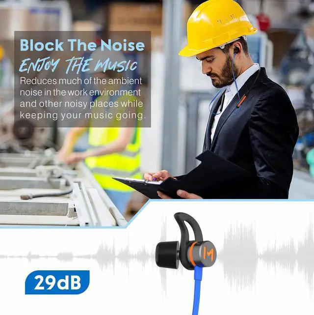 Alt view image 2 of 6 - Bluetooth Noise Reduction Headphones, Magnetic Custom-fit Safety Wireless Neckband headphones-29db Noise isolating Work Earbuds Earphones with mic and Control,IPX4 sweatproof 13+Hour Playtime