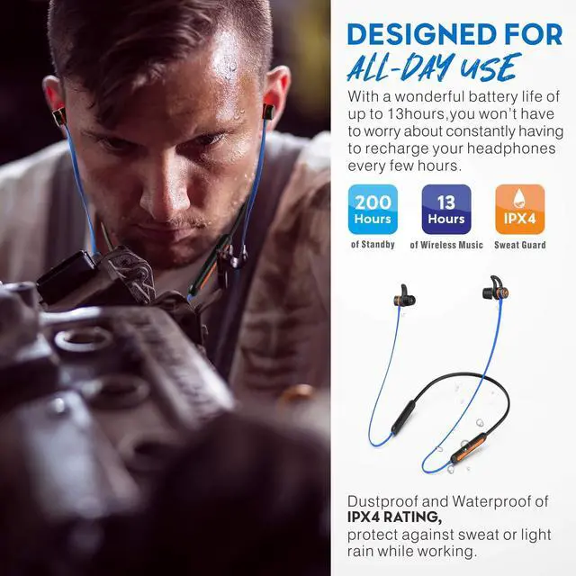 Alt view image 5 of 6 - Bluetooth Noise Reduction Headphones, Magnetic Custom-fit Safety Wireless Neckband headphones-29db Noise isolating Work Earbuds Earphones with mic and Control,IPX4 sweatproof 13+Hour Playtime