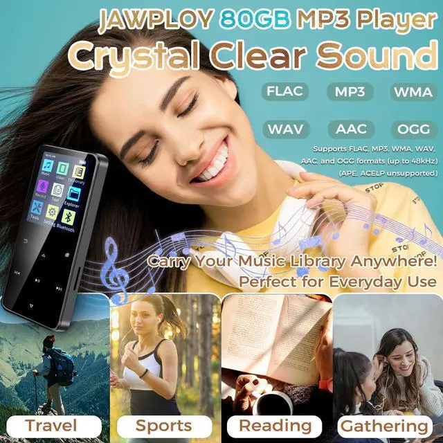 Alt view image 2 of 6 - 80GB MP3 Player with Bluetooth Portable HiFi Music Player with HD Speaker, Lossless Sound, FM Radio, Voice Recorder, Touch Buttons, E-Book (Earphones & 16GB + 64GB Card Included, No WiFi)