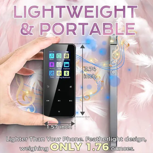 Alt view image 5 of 6 - 80GB MP3 Player with Bluetooth Portable HiFi Music Player with HD Speaker, Lossless Sound, FM Radio, Voice Recorder, Touch Buttons, E-Book (Earphones & 16GB + 64GB Card Included, No WiFi)