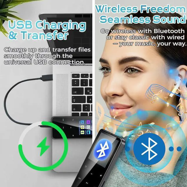 Alt view image 6 of 6 - 80GB MP3 Player with Bluetooth Portable HiFi Music Player with HD Speaker, Lossless Sound, FM Radio, Voice Recorder, Touch Buttons, E-Book (Earphones & 16GB + 64GB Card Included, No WiFi)