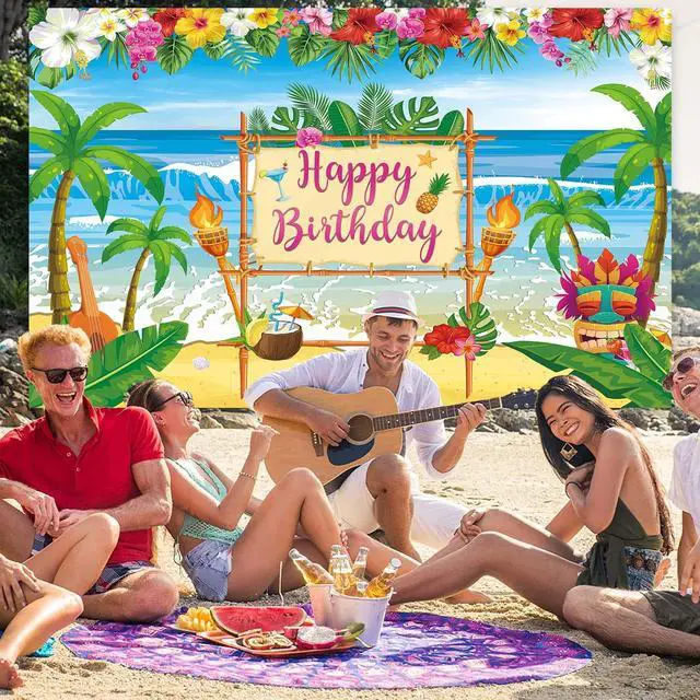 Alt view image 2 of 6 - Summer Hawaiian Birthday Backdrop for Aloha Luau Party Decorations Banner | Summer Happy Birthday Photography Background Tropical Palm Leaves Flamingo Tiki Themed Party Decoration Banner