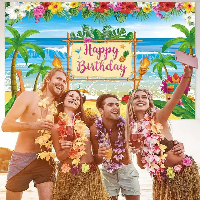 Alt view image 3 of 6 - Summer Hawaiian Birthday Backdrop for Aloha Luau Party Decorations Banner | Summer Happy Birthday Photography Background Tropical Palm Leaves Flamingo Tiki Themed Party Decoration Banner