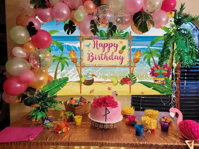 Alt view image 4 of 6 - Summer Hawaiian Birthday Backdrop for Aloha Luau Party Decorations Banner | Summer Happy Birthday Photography Background Tropical Palm Leaves Flamingo Tiki Themed Party Decoration Banner