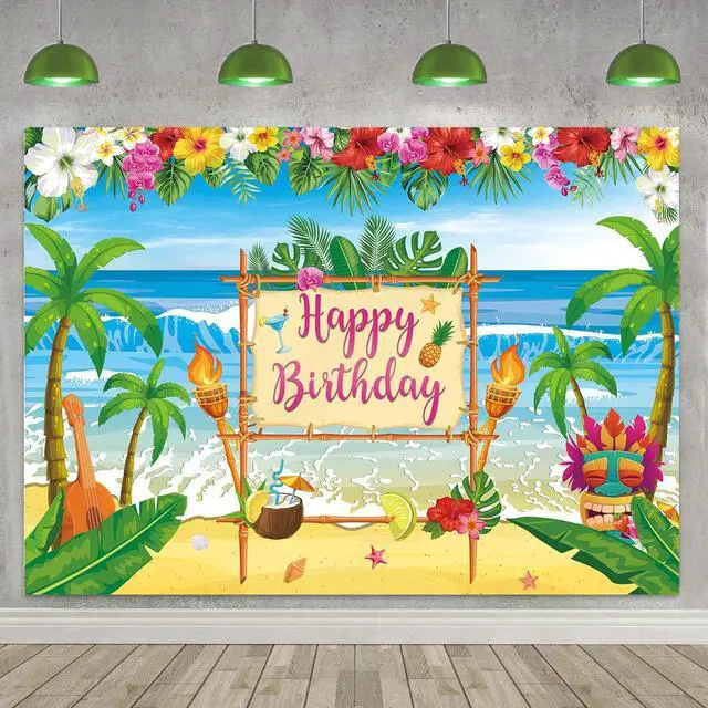 Alt view image 5 of 6 - Summer Hawaiian Birthday Backdrop for Aloha Luau Party Decorations Banner | Summer Happy Birthday Photography Background Tropical Palm Leaves Flamingo Tiki Themed Party Decoration Banner
