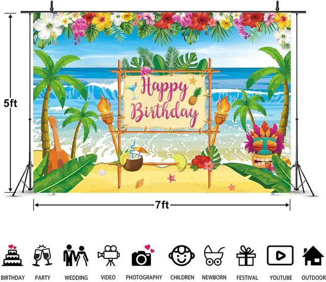 Alt view image 6 of 6 - Summer Hawaiian Birthday Backdrop for Aloha Luau Party Decorations Banner | Summer Happy Birthday Photography Background Tropical Palm Leaves Flamingo Tiki Themed Party Decoration Banner