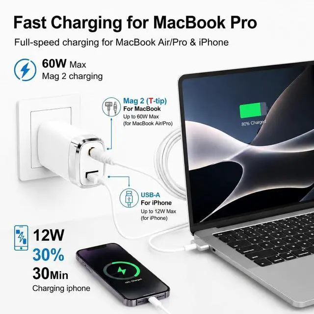 Alt view image 2 of 6 - Mac Book Pro Charger 60W 45W Mag 2 T-Tip Power Adapter, Compatible with Mac Book Pro 13 inch/Mac Book Air 11&13 inch (Applicable to 2012-2017)