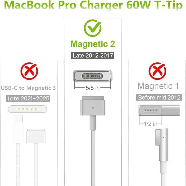 Alt view image 4 of 6 - Mac Book Pro Charger 60W 45W Mag 2 T-Tip Power Adapter, Compatible with Mac Book Pro 13 inch/Mac Book Air 11&13 inch (Applicable to 2012-2017)