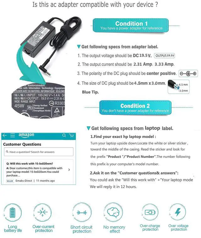 Alt view image 6 of 6 - 45W 65W Laptop Charger SK90A195231 SK90195333 for HP Pavilion 15-F F272WM | for 15-f111dx 15-f211wm 15-f271wm 15-f233wm f387wm f211nr f337wm f224wm and More hp Laptop Power Supply Cargador Ac Adapter