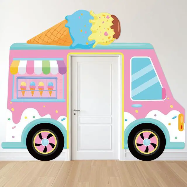 Main image of Summer Ice Cream Truck Shaped Porch Sign Banners Ice Cream Birthday Party Hanging Backdrop Sweet Dessert Door Decoration Background Photo Props Party Decor for Girl Baby Shower Wall Home Supplies