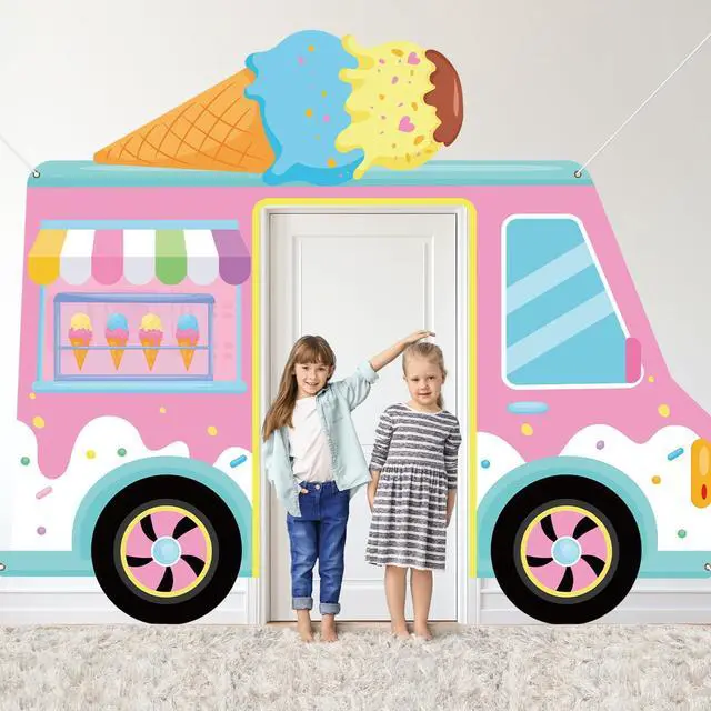 Alt view image 4 of 6 - Summer Ice Cream Truck Shaped Porch Sign Banners Ice Cream Birthday Party Hanging Backdrop Sweet Dessert Door Decoration Background Photo Props Party Decor for Girl Baby Shower Wall Home Supplies