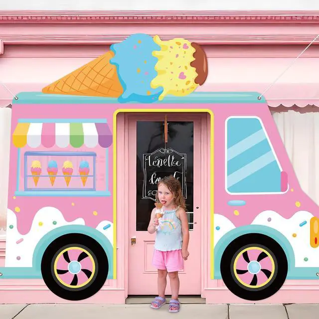 Alt view image 5 of 6 - Summer Ice Cream Truck Shaped Porch Sign Banners Ice Cream Birthday Party Hanging Backdrop Sweet Dessert Door Decoration Background Photo Props Party Decor for Girl Baby Shower Wall Home Supplies