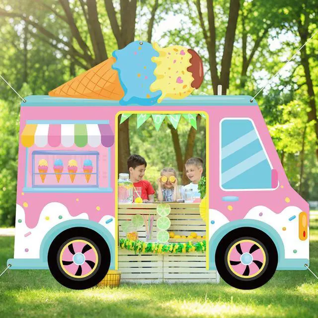 Alt view image 6 of 6 - Summer Ice Cream Truck Shaped Porch Sign Banners Ice Cream Birthday Party Hanging Backdrop Sweet Dessert Door Decoration Background Photo Props Party Decor for Girl Baby Shower Wall Home Supplies