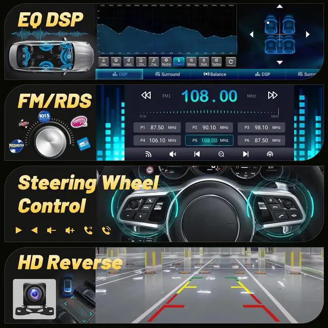 Alt view image 6 of 6 - Android 2G+64G Car Radio for Jeep Grand Cherokee 1999-2004 - 9 Inch HD Touch Screen Stereo with Wireless Carplay & Android Auto - EQ/WiFi/GPS/SWC/Split Screen + AHD Rear View Camera