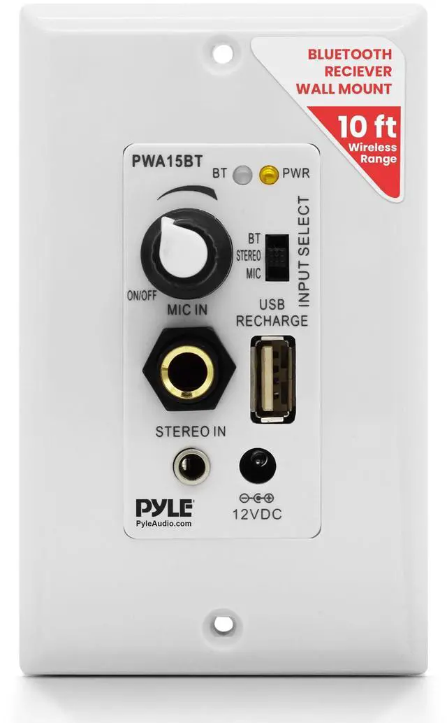 Main image of Bluetooth Receiver Wall Mount - in-Wall Audio Control with Built-in Amplifier | USB, Microphone, Aux (3.5mm) Input | Terminal Block | Connect 2 Speakers | 100 Watt - PWA15BT.5