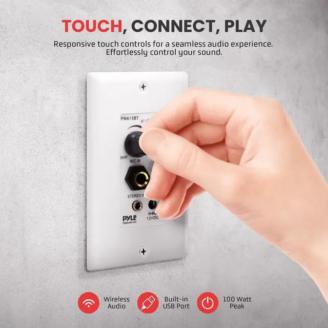 Alt view image 2 of 6 - Bluetooth Receiver Wall Mount - in-Wall Audio Control with Built-in Amplifier | USB, Microphone, Aux (3.5mm) Input | Terminal Block | Connect 2 Speakers | 100 Watt - PWA15BT.5