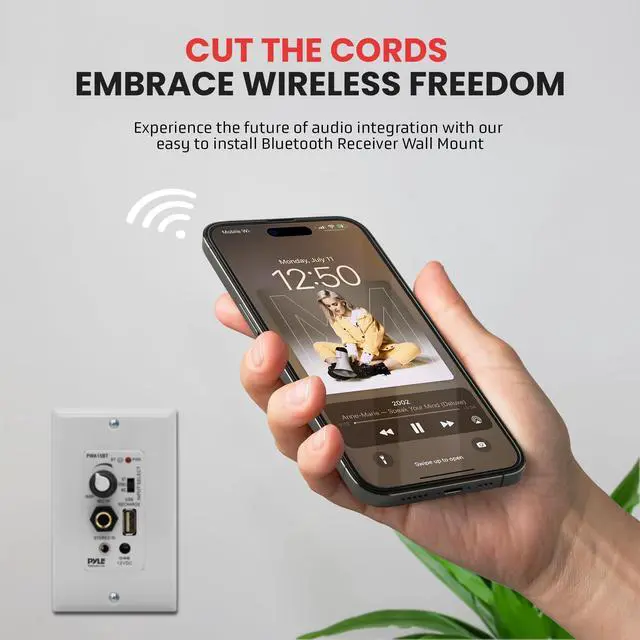 Alt view image 3 of 6 - Bluetooth Receiver Wall Mount - in-Wall Audio Control with Built-in Amplifier | USB, Microphone, Aux (3.5mm) Input | Terminal Block | Connect 2 Speakers | 100 Watt - PWA15BT.5