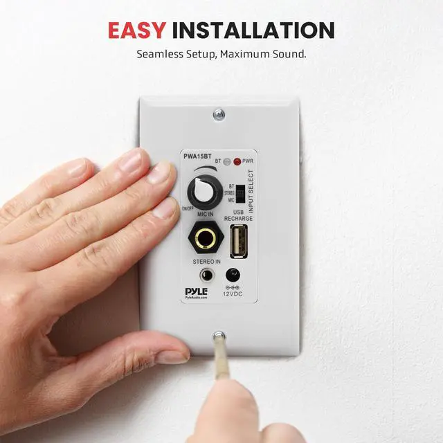 Alt view image 5 of 6 - Bluetooth Receiver Wall Mount - in-Wall Audio Control with Built-in Amplifier | USB, Microphone, Aux (3.5mm) Input | Terminal Block | Connect 2 Speakers | 100 Watt - PWA15BT.5