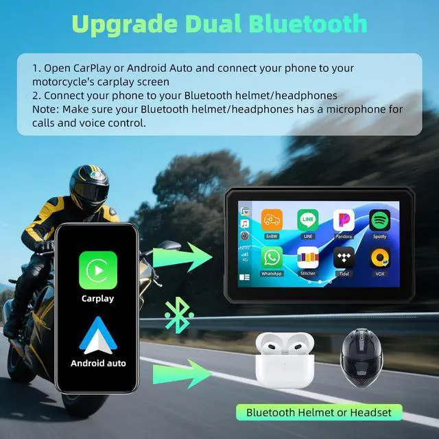 Alt view image 3 of 6 - Motorcycle CarPlay Screen with Wireless Apple CarPlay Android Auto, IP68 Waterproof Touch Screen 5 inch GPS Navigation Carplay para Moto, Dual Bluetooth, Siri Google Voice Control