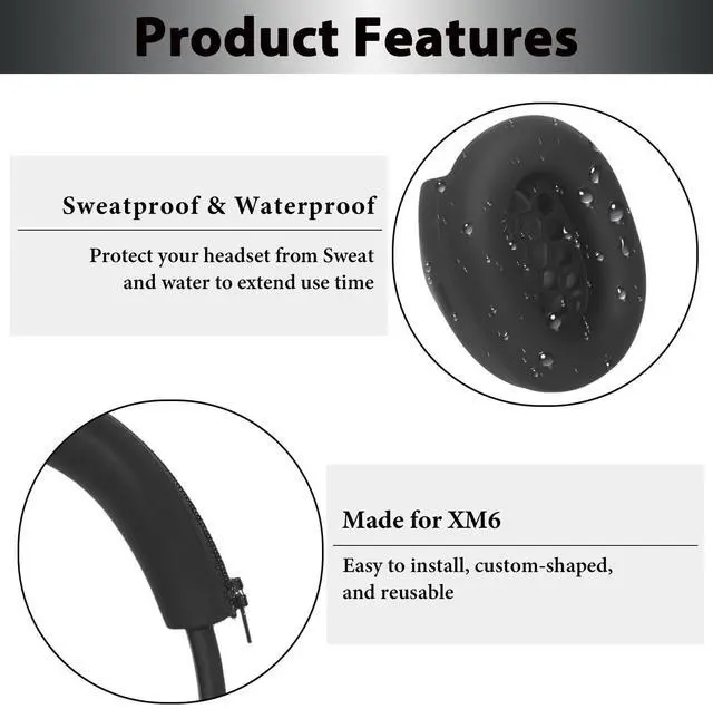 Alt view image 3 of 6 - XM6 Sweat Covers Accessories for Sony WH-1000XM6 - Black | Soft Silicone Case, 2-in-1 Headphone Cover with Earpad Covers & Headband Cover, Sweatproof & Easy to Clean & Secure Fit