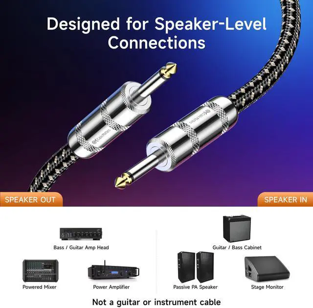 Alt view image 3 of 6 - 2-Pack Braided 12 AWG 1/4 Inch Speaker Cable, 3ft | Premium, 6.35mm TS Connector, 12 AWG Oxygen-Free Copper, Braided Jacket, Pro Audio Speaker Connection