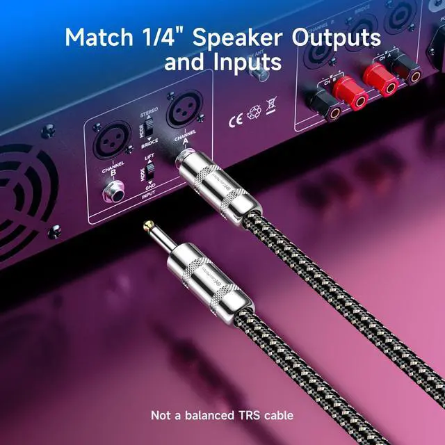 Alt view image 4 of 6 - 2-Pack Braided 12 AWG 1/4 Inch Speaker Cable, 3ft | Premium, 6.35mm TS Connector, 12 AWG Oxygen-Free Copper, Braided Jacket, Pro Audio Speaker Connection