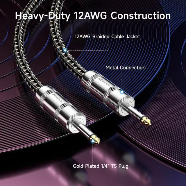 Alt view image 6 of 6 - 2-Pack Braided 12 AWG 1/4 Inch Speaker Cable, 3ft | Premium, 6.35mm TS Connector, 12 AWG Oxygen-Free Copper, Braided Jacket, Pro Audio Speaker Connection