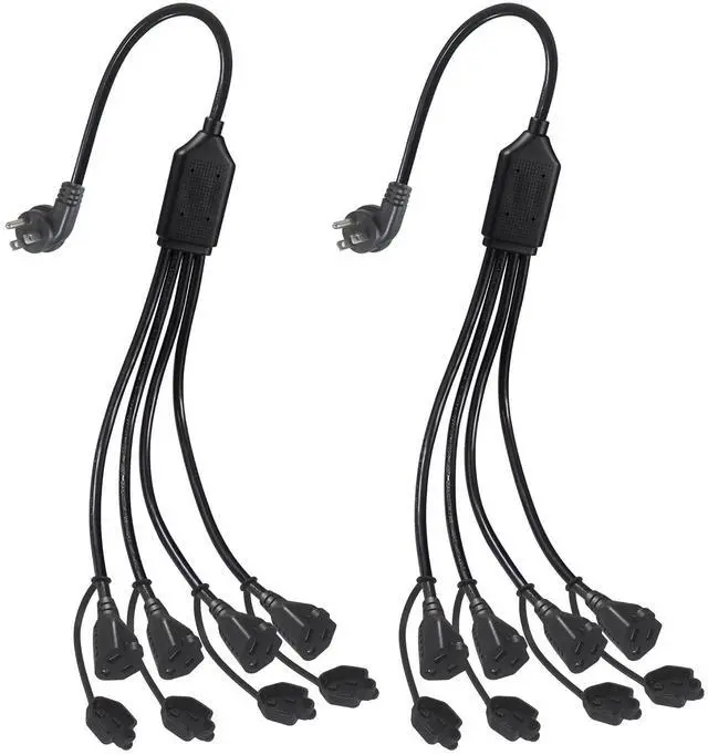 Main image of 4 Way Power Splitter 45 Degrees 1 to 4 Extended Outlets 1.5FT 2-Pack | Lower Right Corner Downward Angled US Flat Plug Male to Female SVT 16AWG Extension Cable Strip for Home, Office, School Black