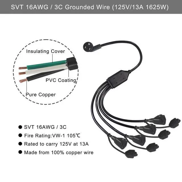 Alt view image 2 of 6 - 4 Way Power Splitter 45 Degrees 1 to 4 Extended Outlets 1.5FT 2-Pack | Lower Right Corner Downward Angled US Flat Plug Male to Female SVT 16AWG Extension Cable Strip for Home, Office, School Black