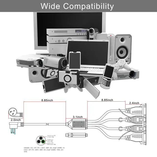 Alt view image 4 of 6 - 4 Way Power Splitter 45 Degrees 1 to 4 Extended Outlets 1.5FT 2-Pack | Lower Right Corner Downward Angled US Flat Plug Male to Female SVT 16AWG Extension Cable Strip for Home, Office, School Black