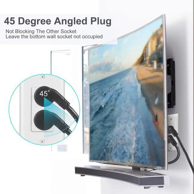 Alt view image 5 of 6 - 4 Way Power Splitter 45 Degrees 1 to 4 Extended Outlets 1.5FT 2-Pack | Lower Right Corner Downward Angled US Flat Plug Male to Female SVT 16AWG Extension Cable Strip for Home, Office, School Black