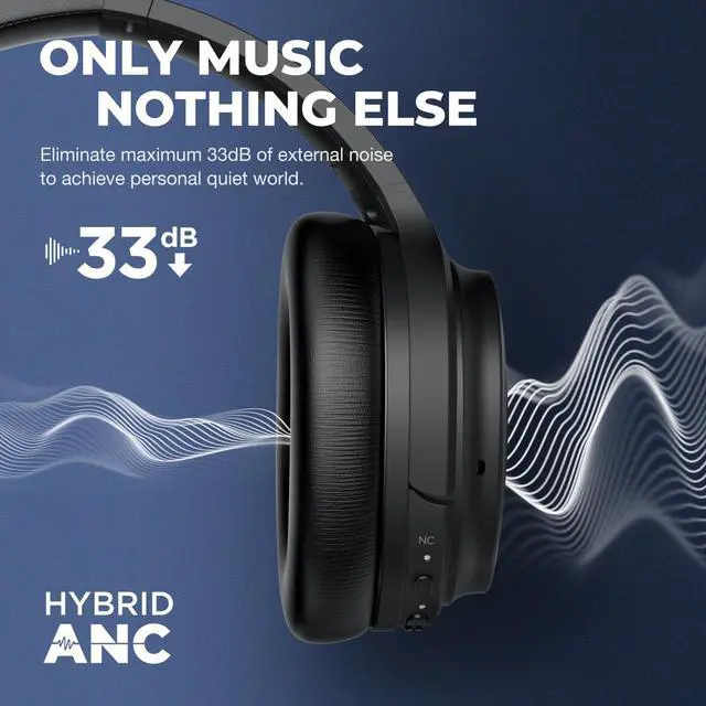 Alt view image 3 of 6 - Hybrid Active Noise Cancelling Headphones, Bluetooth Headphones Wireless Over Ear Headphones with Microphone, Deep Bass, Memory Foam Ear Cushions, 30 Hrs for Travel/Office/Home Black