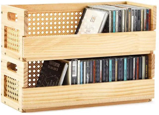 Main image of 2 Set Rattan Design Wooden CD Storage Box,Holds 72 CDs(36 Each) | Cassette Tape Display Rack Organizer Shelf with Magnetic Front Flap and Carrying Handles for DVDs, Cassette Tapes,Movie Cases