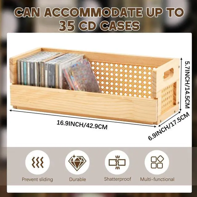 Alt view image 2 of 6 - 2 Set Rattan Design Wooden CD Storage Box,Holds 72 CDs(36 Each) | Cassette Tape Display Rack Organizer Shelf with Magnetic Front Flap and Carrying Handles for DVDs, Cassette Tapes,Movie Cases