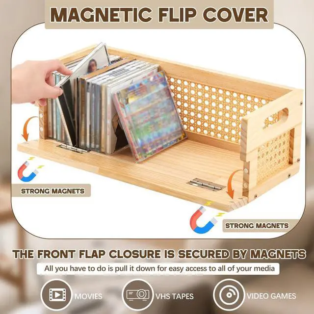 Alt view image 3 of 6 - 2 Set Rattan Design Wooden CD Storage Box,Holds 72 CDs(36 Each) | Cassette Tape Display Rack Organizer Shelf with Magnetic Front Flap and Carrying Handles for DVDs, Cassette Tapes,Movie Cases