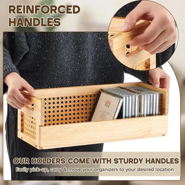 Alt view image 4 of 6 - 2 Set Rattan Design Wooden CD Storage Box,Holds 72 CDs(36 Each) | Cassette Tape Display Rack Organizer Shelf with Magnetic Front Flap and Carrying Handles for DVDs, Cassette Tapes,Movie Cases