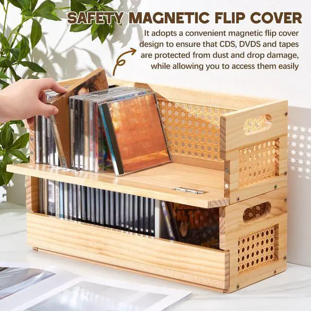 Alt view image 5 of 6 - 2 Set Rattan Design Wooden CD Storage Box,Holds 72 CDs(36 Each) | Cassette Tape Display Rack Organizer Shelf with Magnetic Front Flap and Carrying Handles for DVDs, Cassette Tapes,Movie Cases