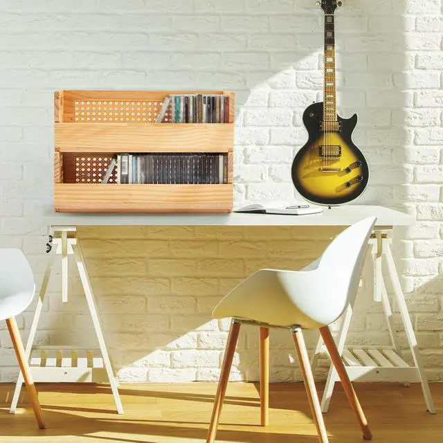Alt view image 6 of 6 - 2 Set Rattan Design Wooden CD Storage Box,Holds 72 CDs(36 Each) | Cassette Tape Display Rack Organizer Shelf with Magnetic Front Flap and Carrying Handles for DVDs, Cassette Tapes,Movie Cases