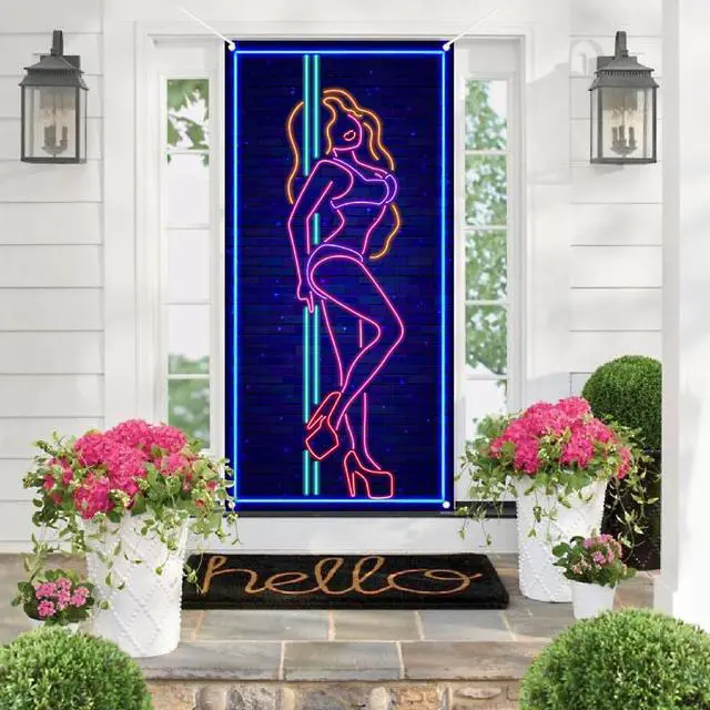 Alt view image 2 of 6 - Neon Pole Dance Backdrop Hot Show Hot Sexy Girl Banner Bridal Shower Wedding Night Bachelorette Party Front Door Decor Girls Women Birthday Party Photo Photography Prop Background 35.4x72.8in