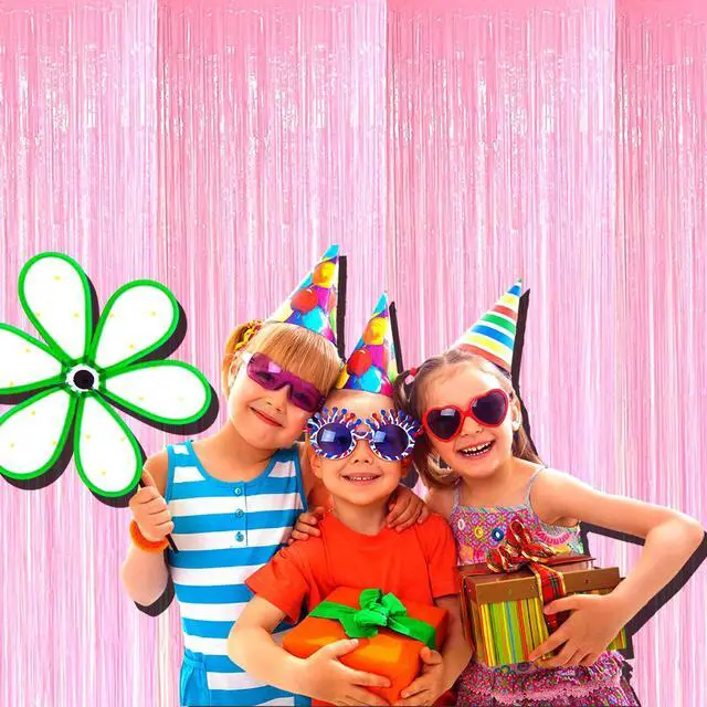 Alt view image 2 of 6 - 4 Pack Macaron Pink Foil Fringe Curtain Backdrop, 3.28Ft x 8.2Ft Metallic Tinsel Streamer Curtains, Birthday, Wedding, New Years, Christmas Decorations Party Supplies, One Size
