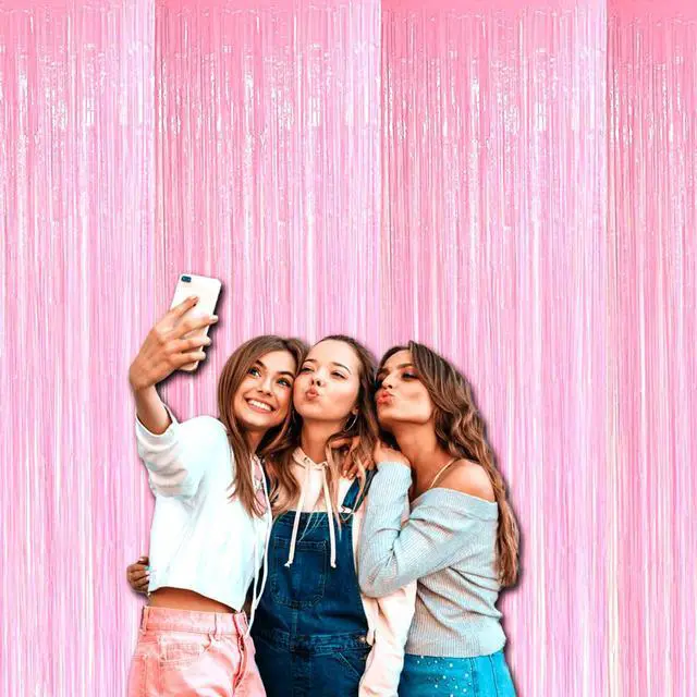 Alt view image 6 of 6 - 4 Pack Macaron Pink Foil Fringe Curtain Backdrop, 3.28Ft x 8.2Ft Metallic Tinsel Streamer Curtains, Birthday, Wedding, New Years, Christmas Decorations Party Supplies, One Size