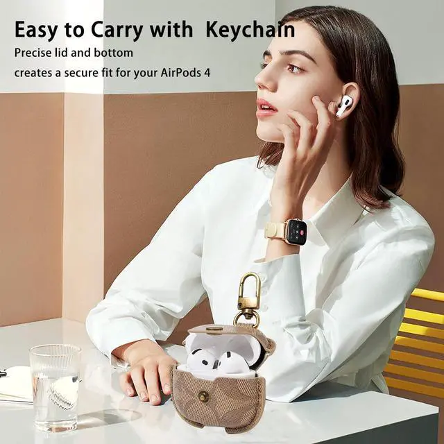 Alt view image 6 of 6 - for AirPods 4 Case Cover 2024, Leather Full-Body Protective Case for AirPods 4th Generation Wireless Charging Case for Women Men with Keychain-Brown