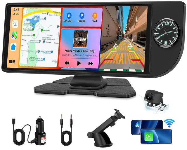 Main image of Wireless Carplay Screen for Car - 10.26 Inch Apple Carplay & Android Auto Stereo Portable Carplay Touchscreen with Built-in Clock, 1080P Backup Camera (Single Rear Camera, Black)