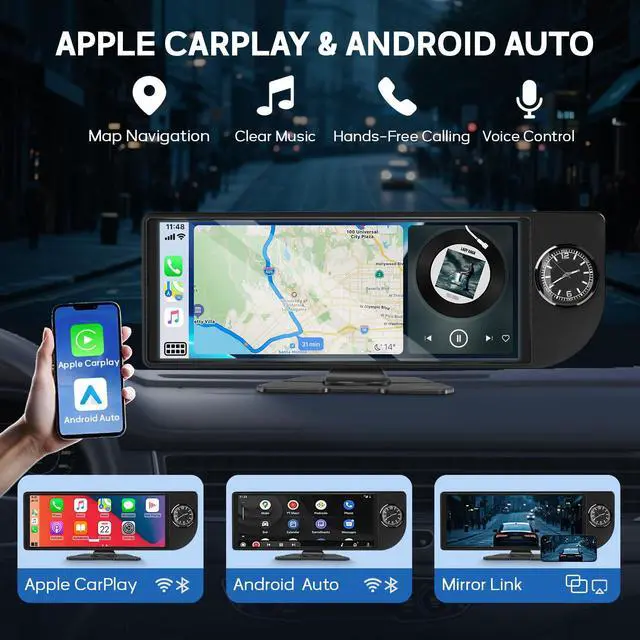 Alt view image 2 of 6 - Wireless Carplay Screen for Car - 10.26 Inch Apple Carplay & Android Auto Stereo Portable Carplay Touchscreen with Built-in Clock, 1080P Backup Camera (Single Rear Camera, Black)
