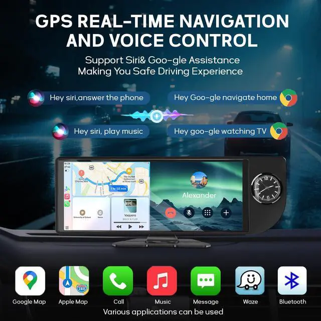 Alt view image 3 of 6 - Wireless Carplay Screen for Car - 10.26 Inch Apple Carplay & Android Auto Stereo Portable Carplay Touchscreen with Built-in Clock, 1080P Backup Camera (Single Rear Camera, Black)