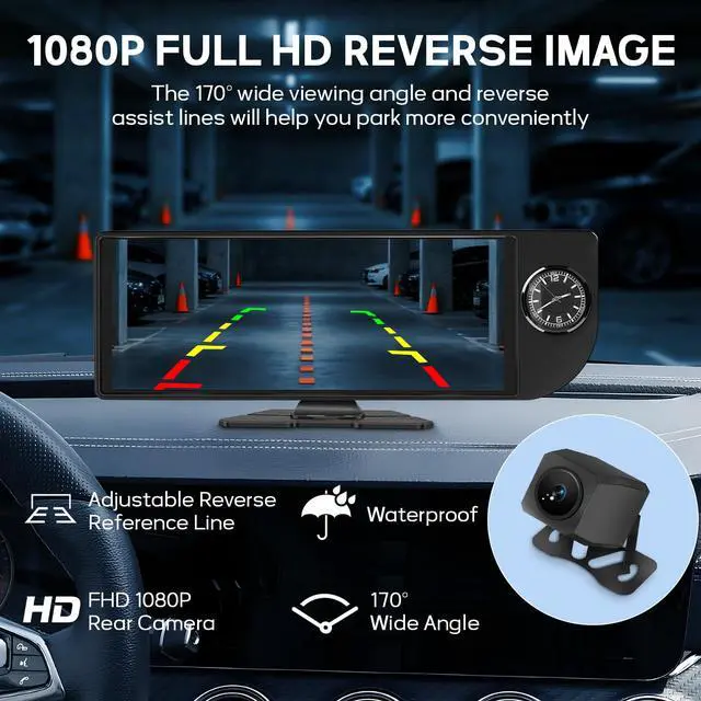 Alt view image 4 of 6 - Wireless Carplay Screen for Car - 10.26 Inch Apple Carplay & Android Auto Stereo Portable Carplay Touchscreen with Built-in Clock, 1080P Backup Camera (Single Rear Camera, Black)